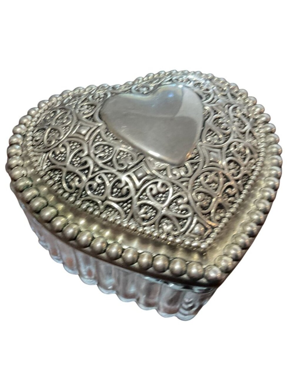 Vintage Heart Shaped Trinket Jewelry Box - Glass Silver-Tone Metal 3.5" Wide